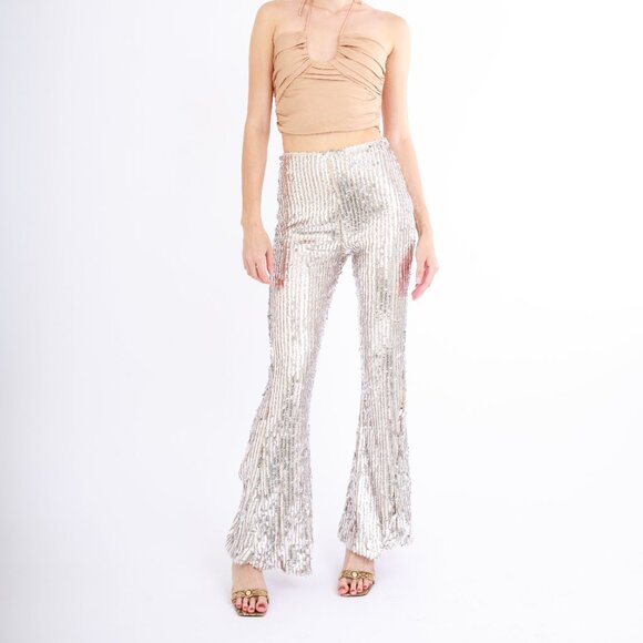 Club L London Dropping Hints | Champagne Sequin Wide Leg Trousers Size 4 / Small - Picture 7 of 10